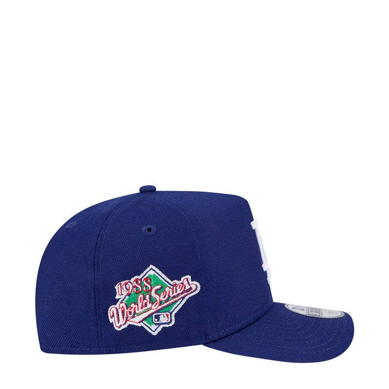 Youth navy baseball cap with colorful Dodgers script patch on side