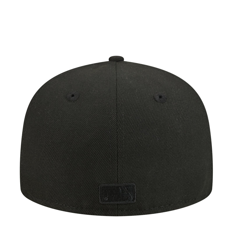 Black baseball cap back view with small rectangular fabric patch
