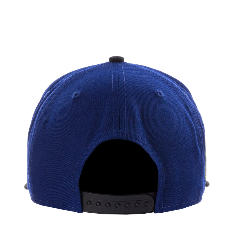Royal blue baseball cap back view with black snapback strap and eyelets