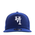 Royal blue baseball cap with upside-down white monogram logo