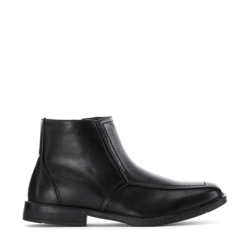 Men’s black leather side-zip ankle boot with low block heel