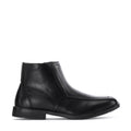 Men’s black leather side-zip ankle boot with low block heel