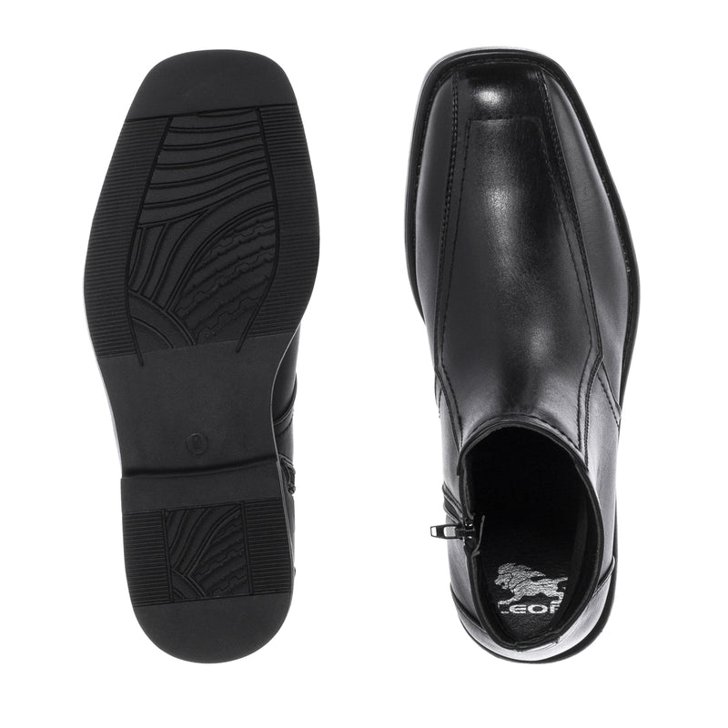 Black leather side-zip ankle boot, outsole and interior collar view