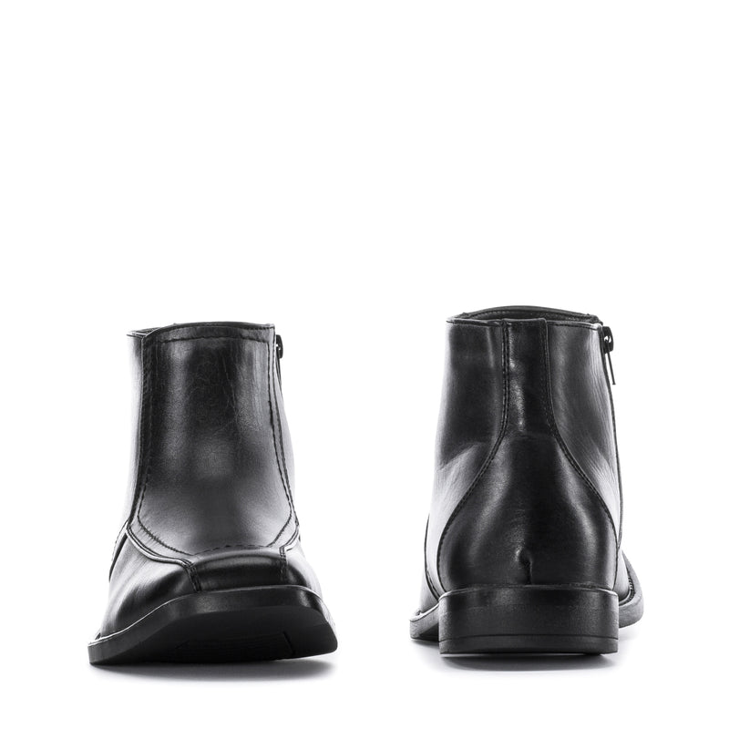 Black leather side-zip ankle boot, heel and back view