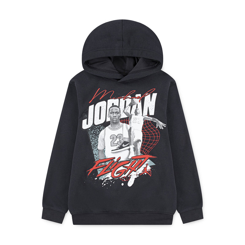 Youth black pullover hoodie with front graphic print, hood and pocket
