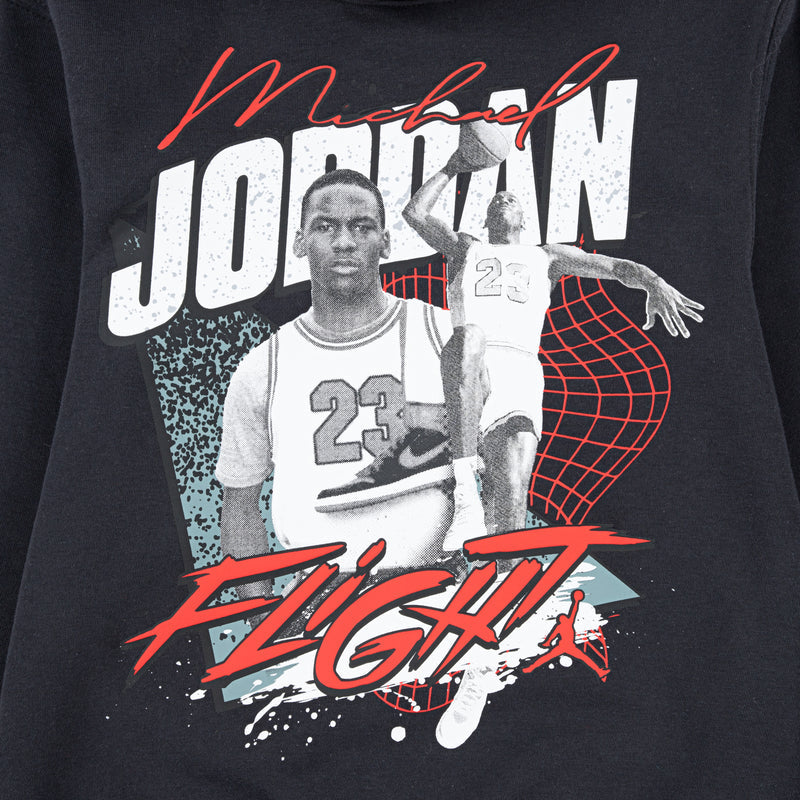 Youth black pullover hoodie front close-up with red and white graphic