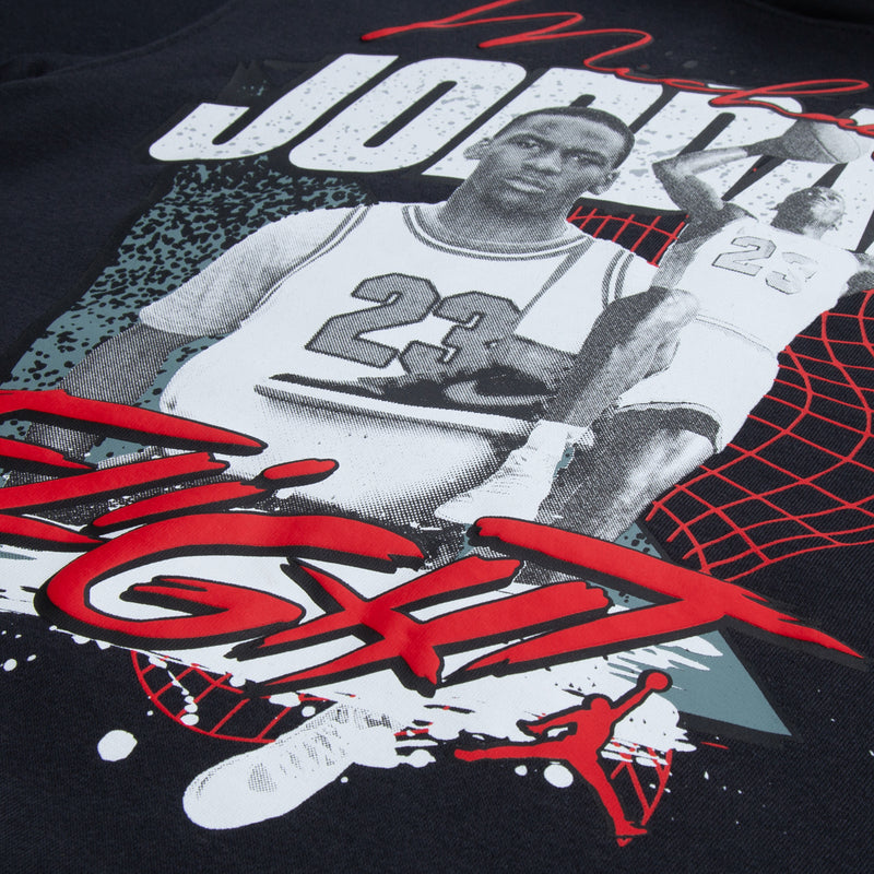 Youth black pullover hoodie graphic close-up with red lettering and runner