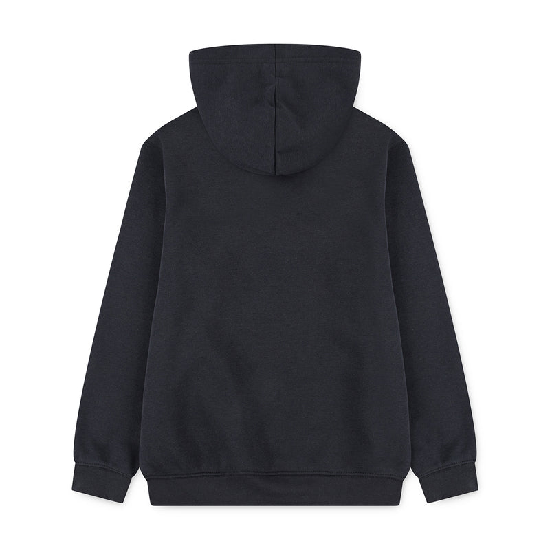 Youth black pullover hoodie back view with plain hood and long sleeves