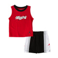 Infant tank and shorts set with red sleeveless top, black trim, and black patterned shorts