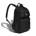 Black double-compartment backpack with front zip pocket and curved top handle