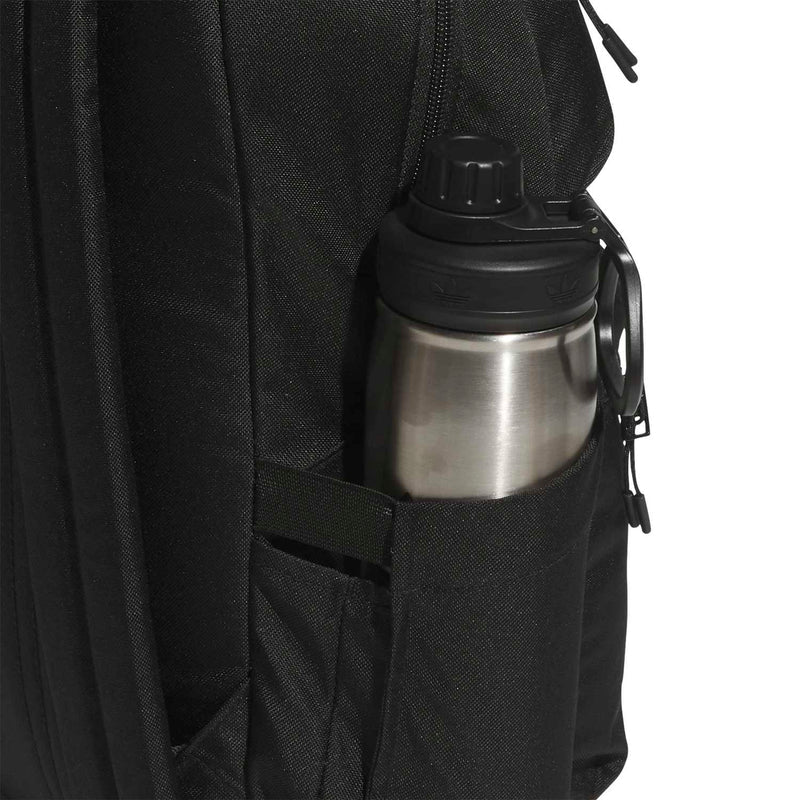 Black backpack side pocket with attached water bottle