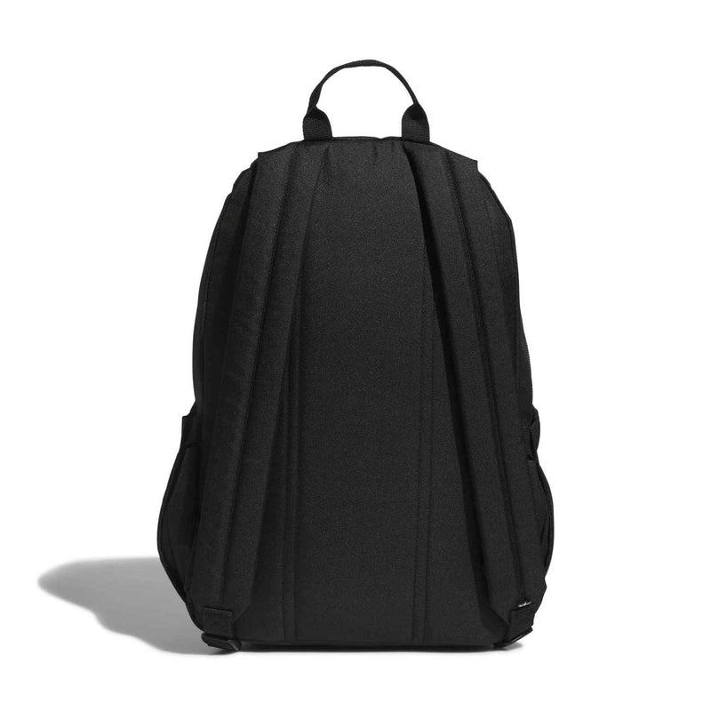 Black backpack back view with padded straps and vertical zip-free panels