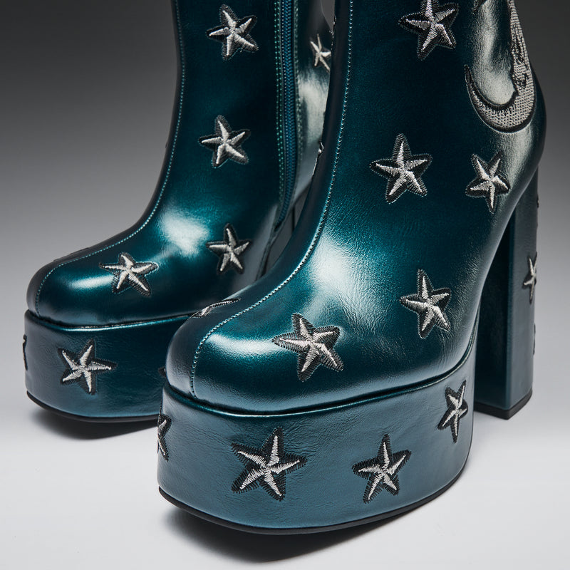 Dreams of Mooncraft Teal Heeled Boots - Left - Detail