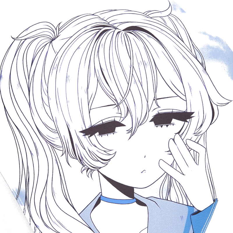 Line art of a character with long hair and a ponytail, wearing a blue outfit.