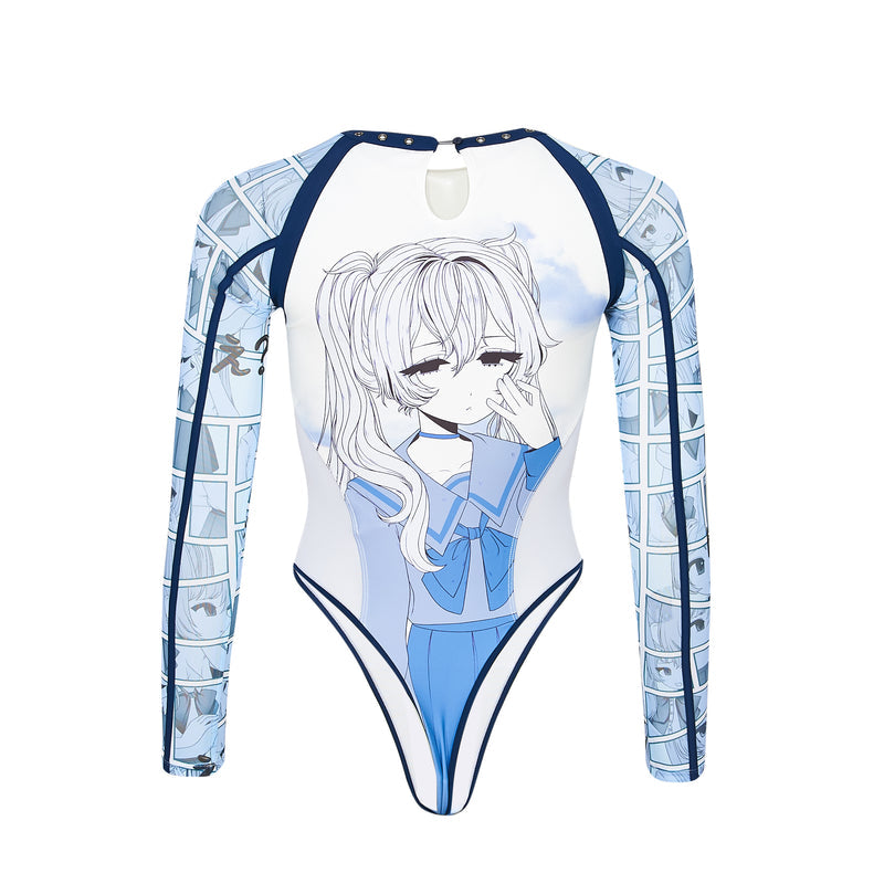 One-piece swimsuit with anime character design on a white background