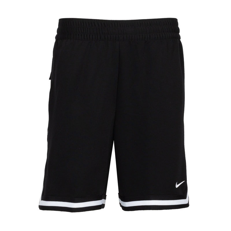 Youth black performance shorts with elastic waistband and white trim at hem