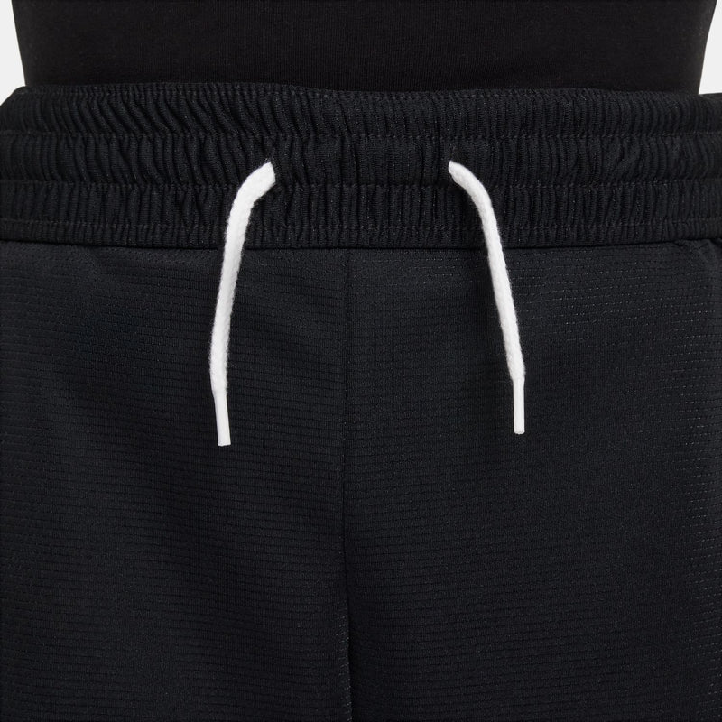 Black youth shorts with elastic waistband and white drawstring ties