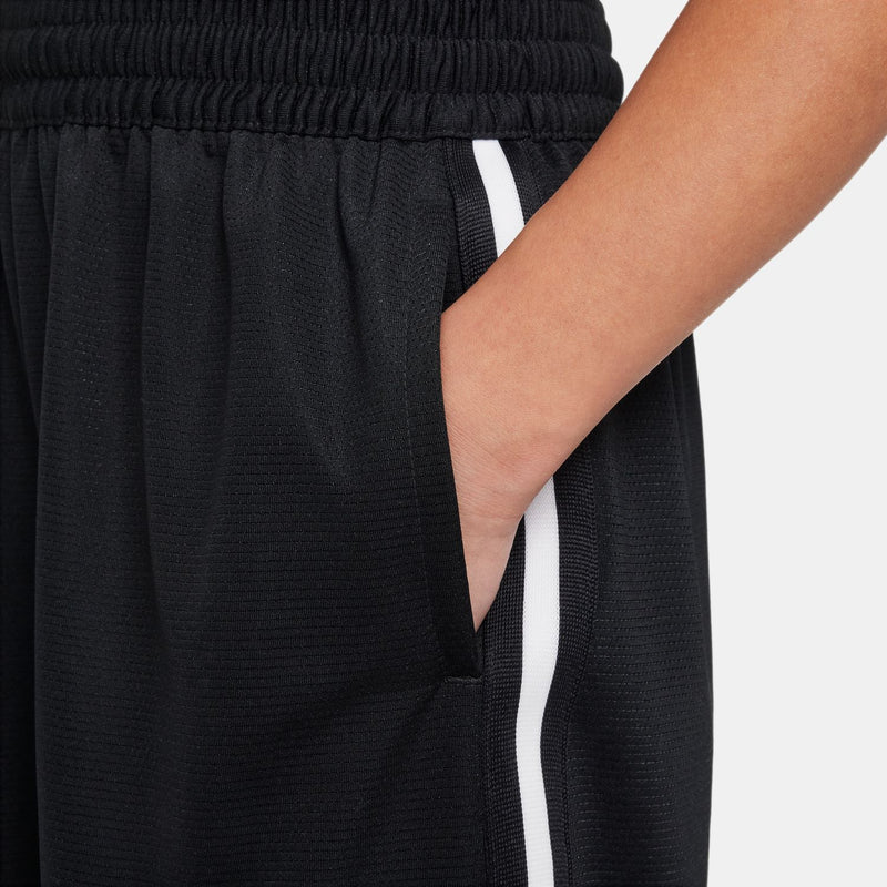 Black youth shorts with side pocket and vertical white stripe