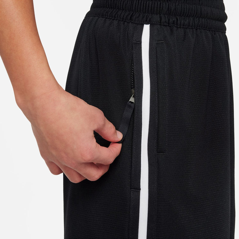 Black youth shorts with side pocket opening and vertical white stripe detail