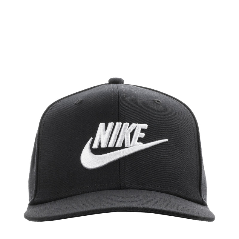 Black Nike snapback cap with white Swoosh logo