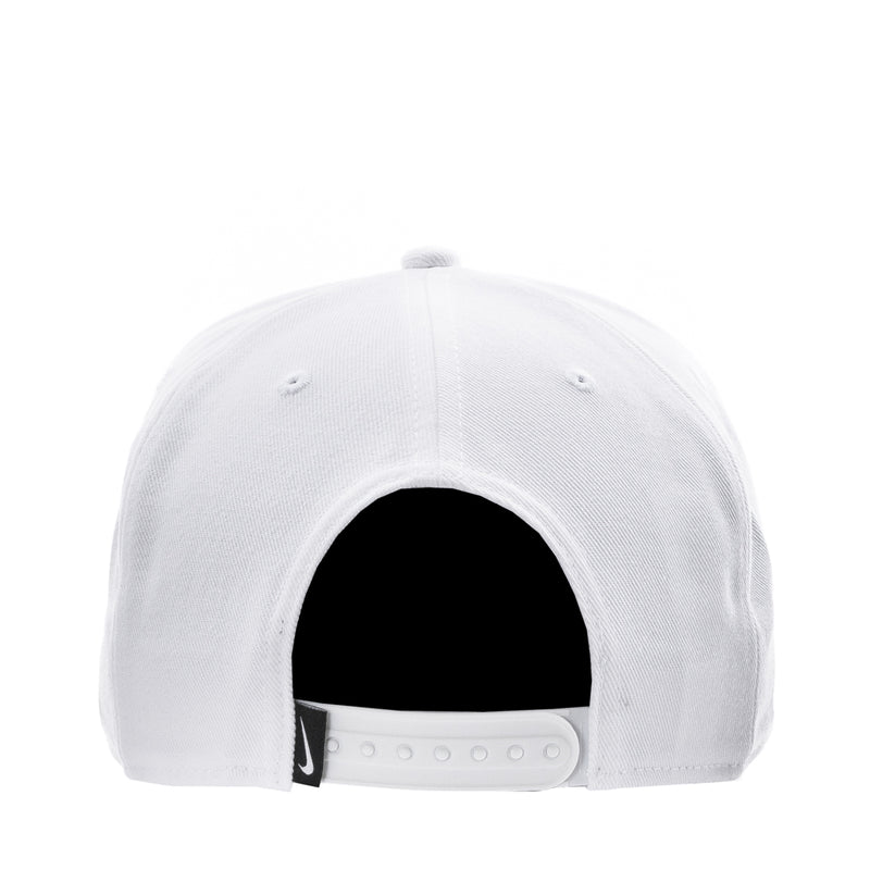 White snapback cap with interior strap and black underbrim