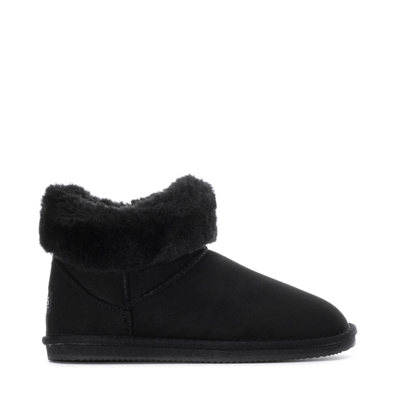 Black womens low boot with faux-fur cuff and stitched ankle panel