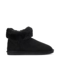 Black womens low boot with faux-fur cuff and stitched ankle panel