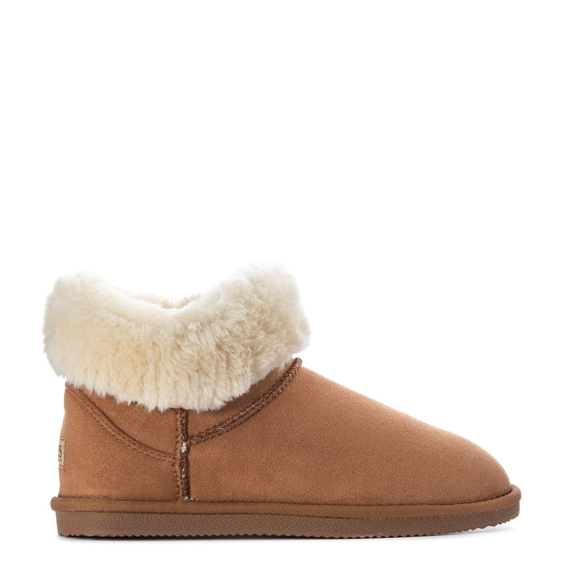 Chestnut low ankle boot with white faux-fur cuff and suede upper