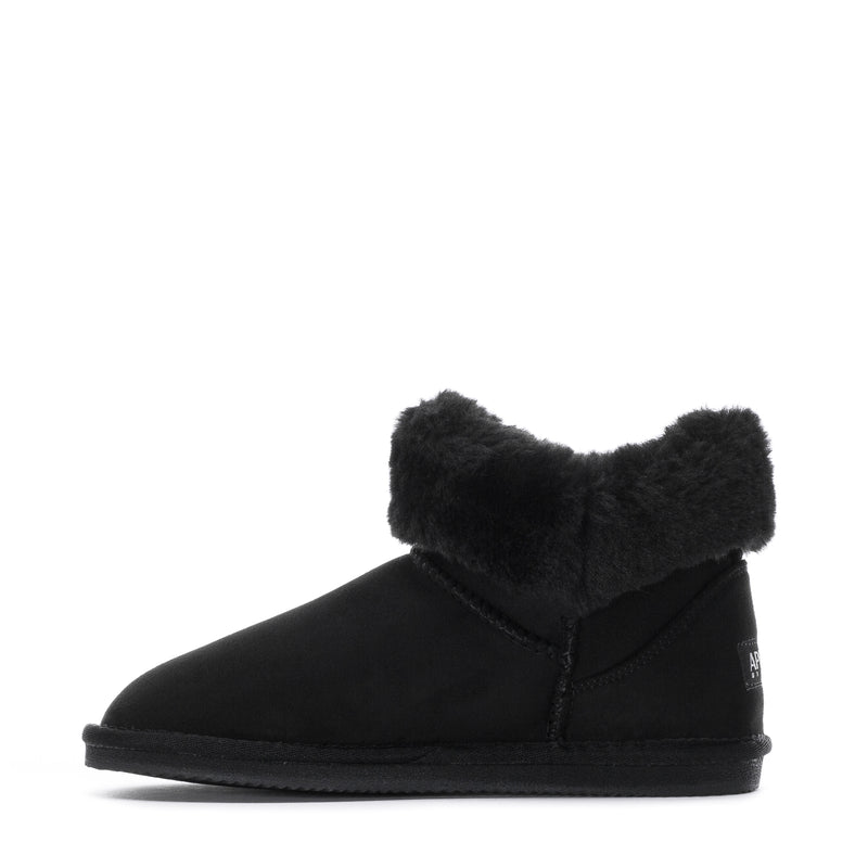 Black womens low boot with folded faux-fur cuff and low rubber sole