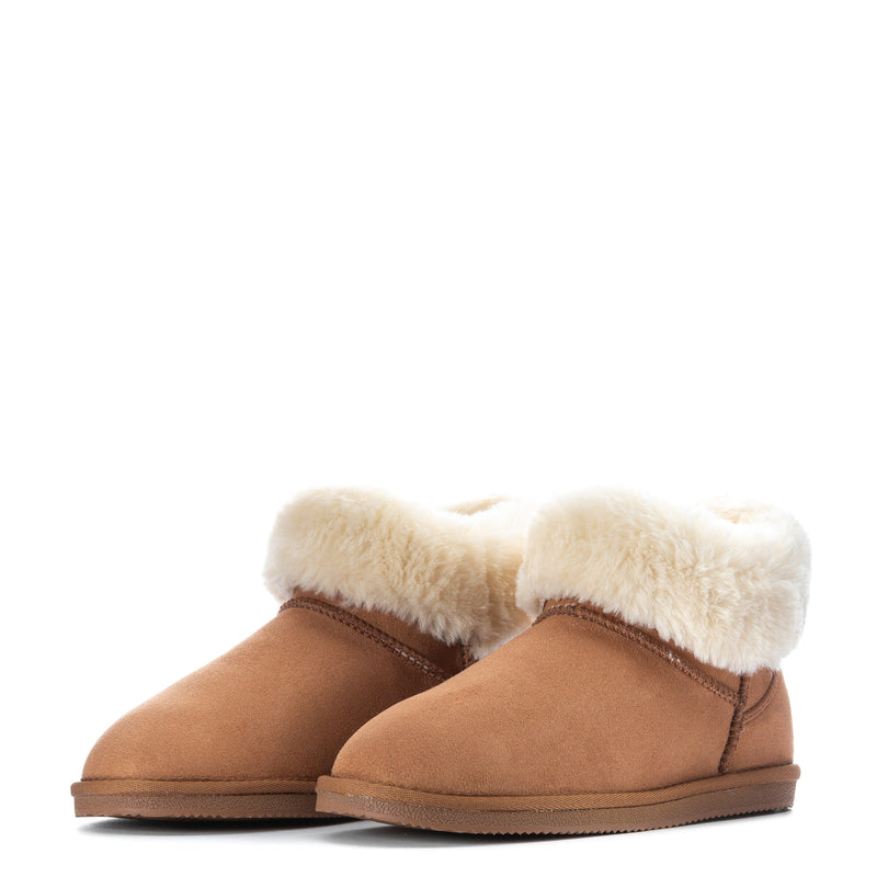 Pair of chestnut low boots with plush white faux-fur cuff, side view