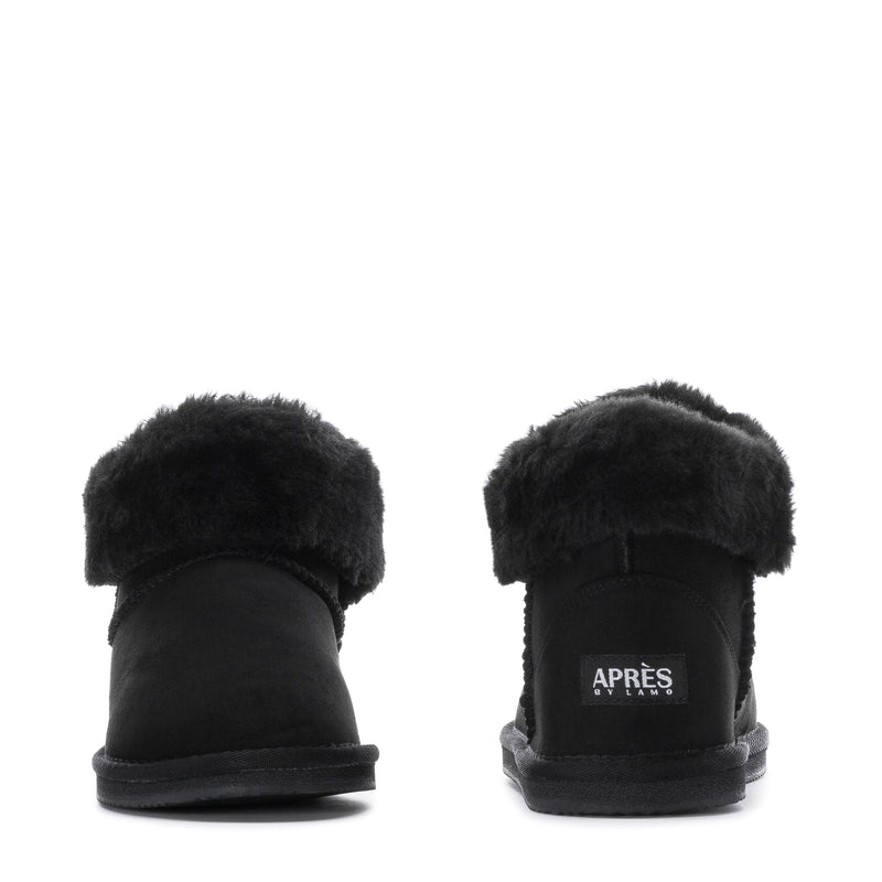 Pair of black womens low boots with plush fur lining and back heel detail