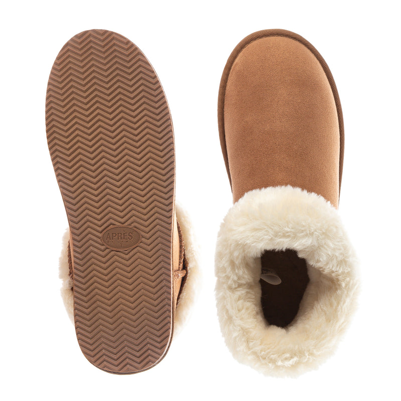 Chestnut low boot outsole and interior with white faux-fur lining