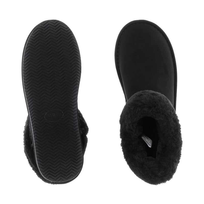 Black womens low boot outsole and inner view with plush fur trim