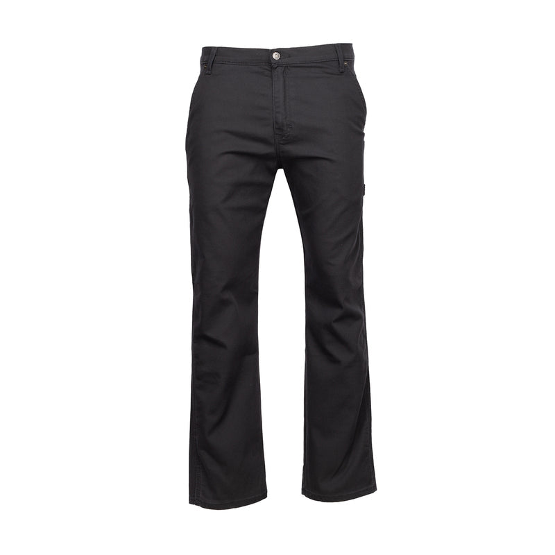 Men's black carpenter work pants with belt loops, button fly, and straight legs