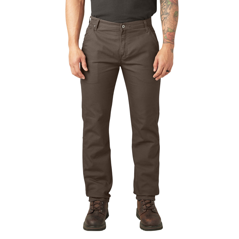 Men's dark brown work pants with carpenter-style side pockets and straight leg.