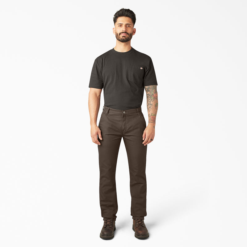 Men's dark brown duck carpenter pants, full-length view with belt loops.
