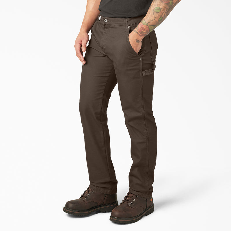 Dark brown carpenter pants with side cargo pocket and knee reinforcement details.