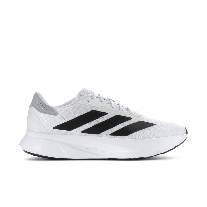 Men's white running shoe with black 3-stripe sides and lace-up front