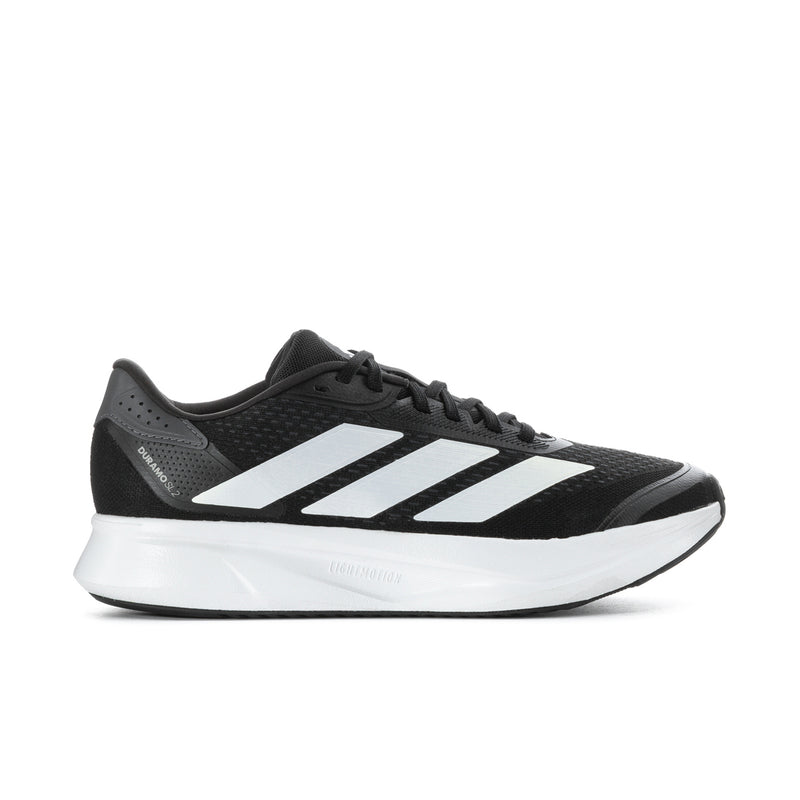 Black men's running sneaker with white triple stripes and white sole