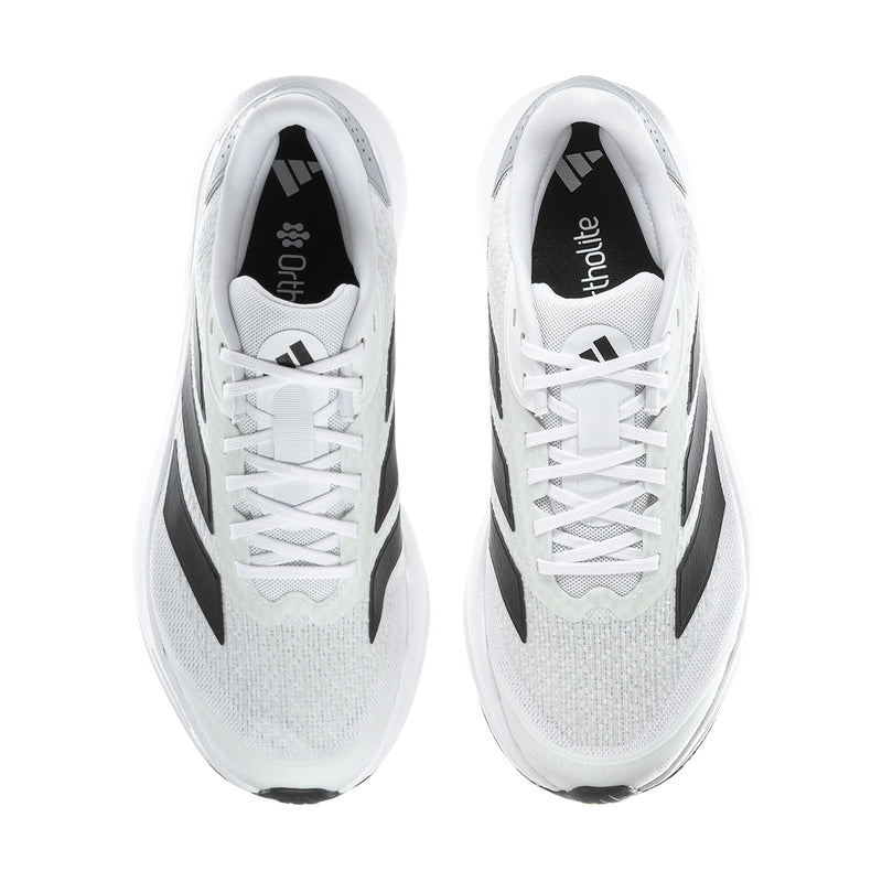 Men's white lace-up running shoes, tongue and interior view with black logo