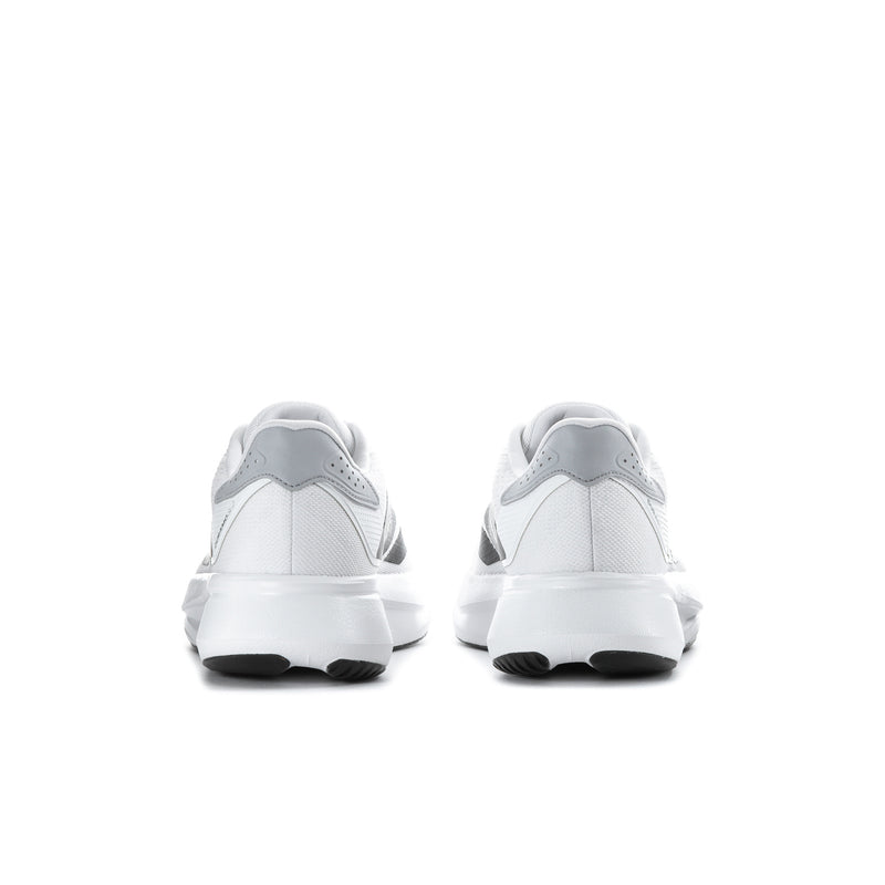 Men's white running shoes, back view with heel pull tab and black tread sole