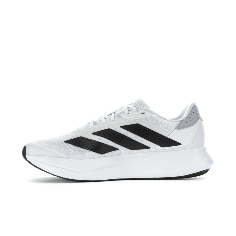 Men's white running shoe with black stripes and lace-up front, side angle