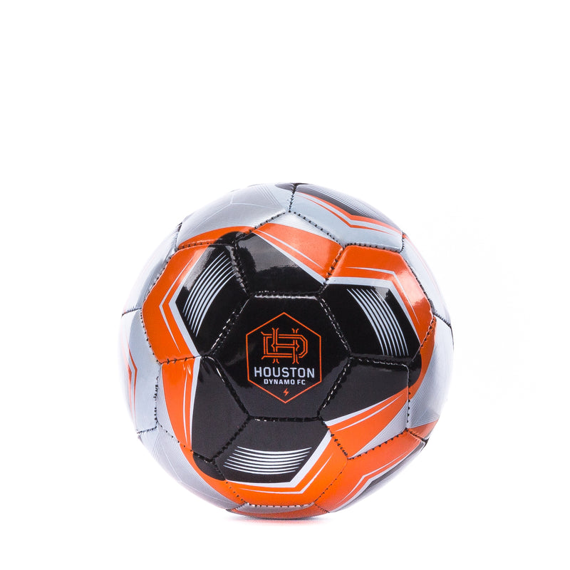 Mini soccer ball in orange, white, and black with stitched panels; Houston Dynamic FC logo