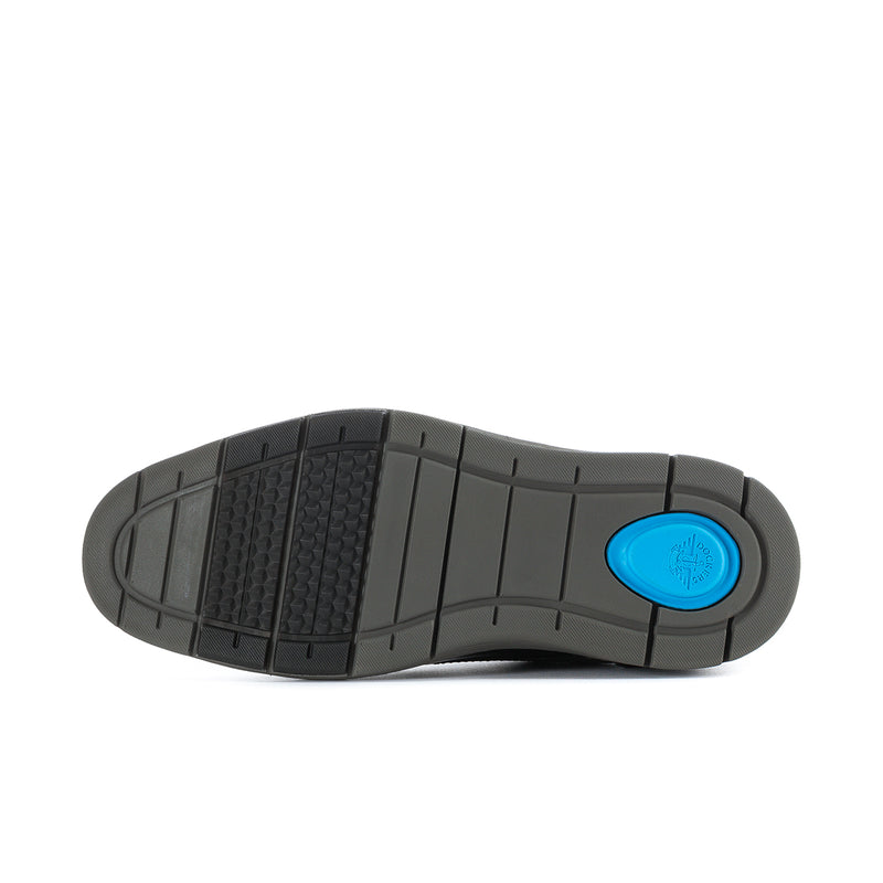 Men's black outsole with textured tread and blue logo oval