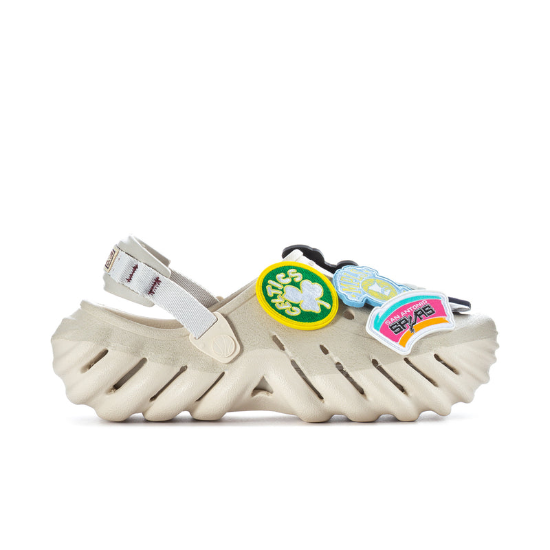 Men's off-white Echo clog with NBA patches and hook-and-loop straps