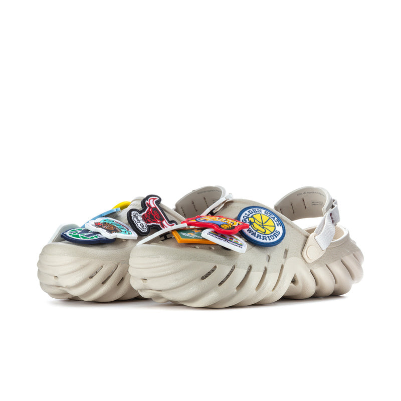 Men's off-white Echo clog with colorful NBA patches and chunky ridged sole
