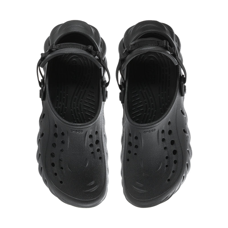 Men's black clogs with perforated toe area and adjustable back strap