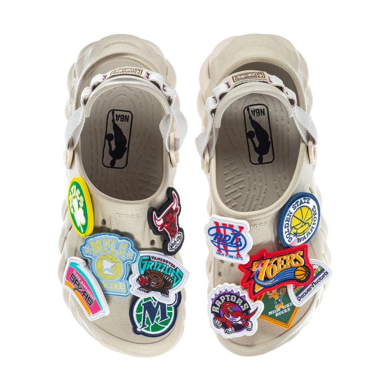 Men's off-white Echo clogs with interior view and multicolor NBA patches