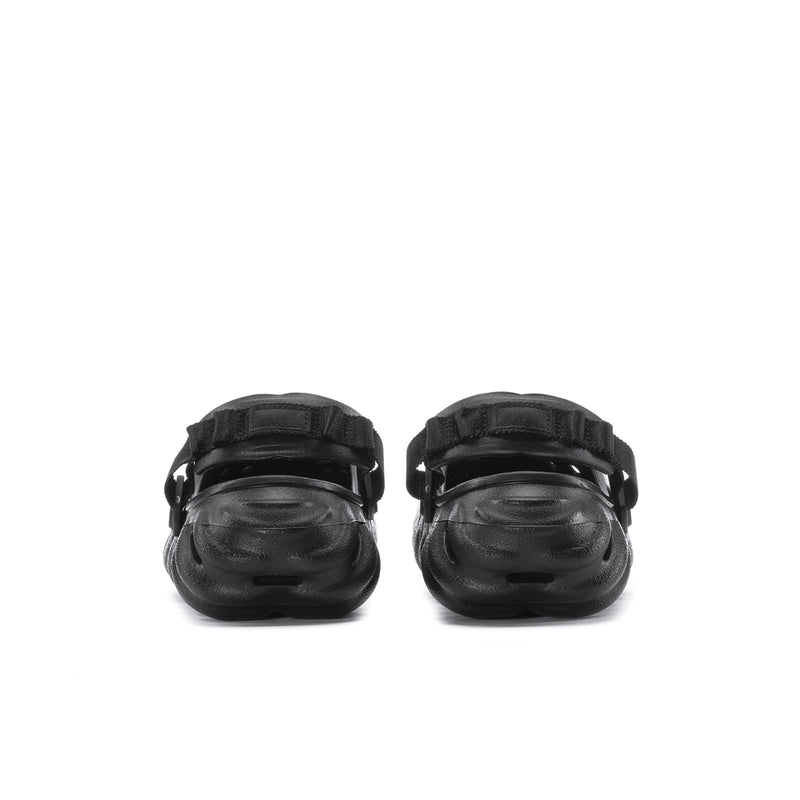 Men's black clog sandals with back strap and cushioned heel support