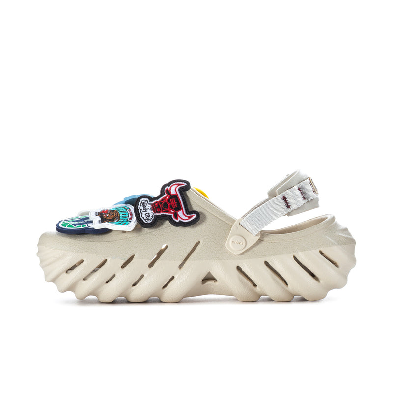 Men's off-white Echo clog side view with colorful NBA patches